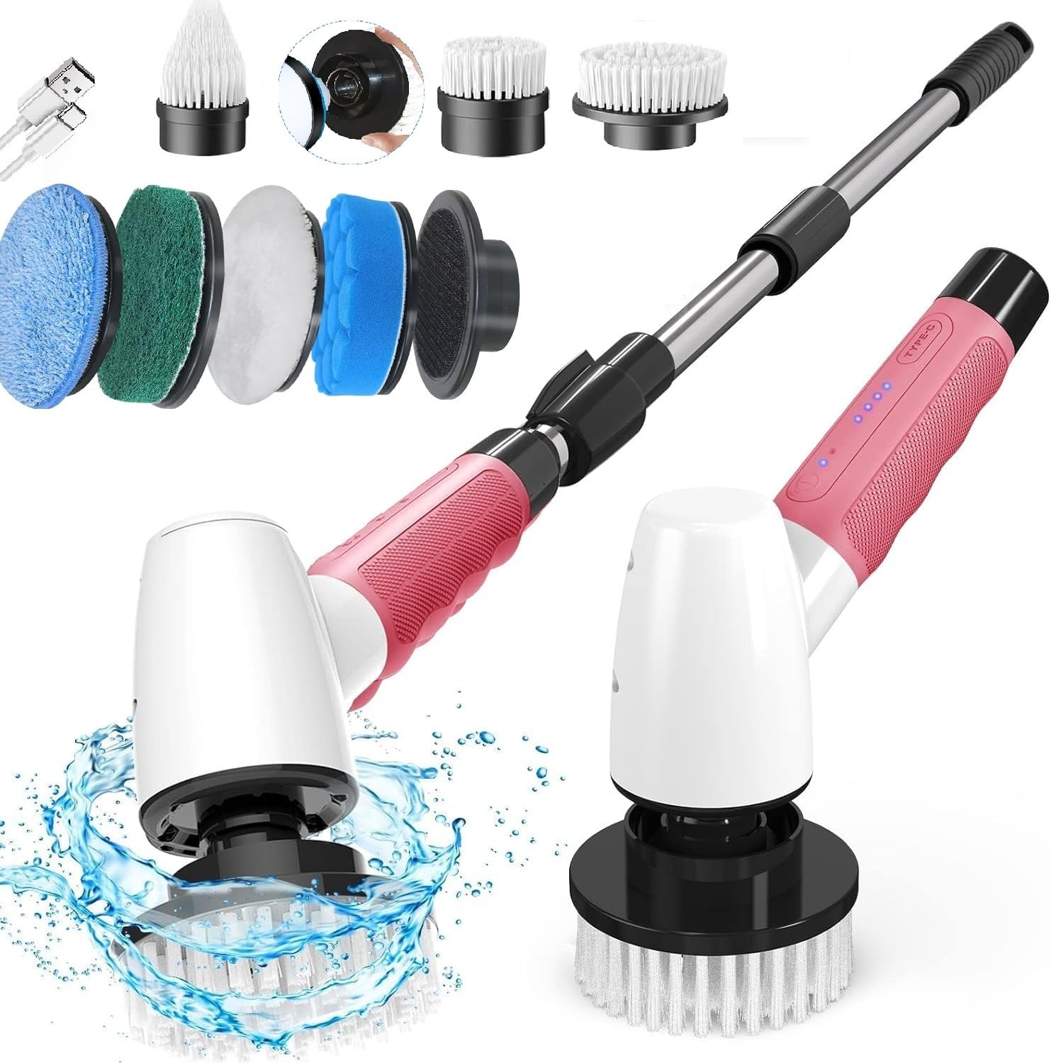Cordless Electric Spin Scrubber,400 RPM,8 replaceable brush heads,90-min runtime,3 adjustable lengths,and 2 speed settings.Ideal for cleaning bathrooms,showers,bathtubs,glass,and cars