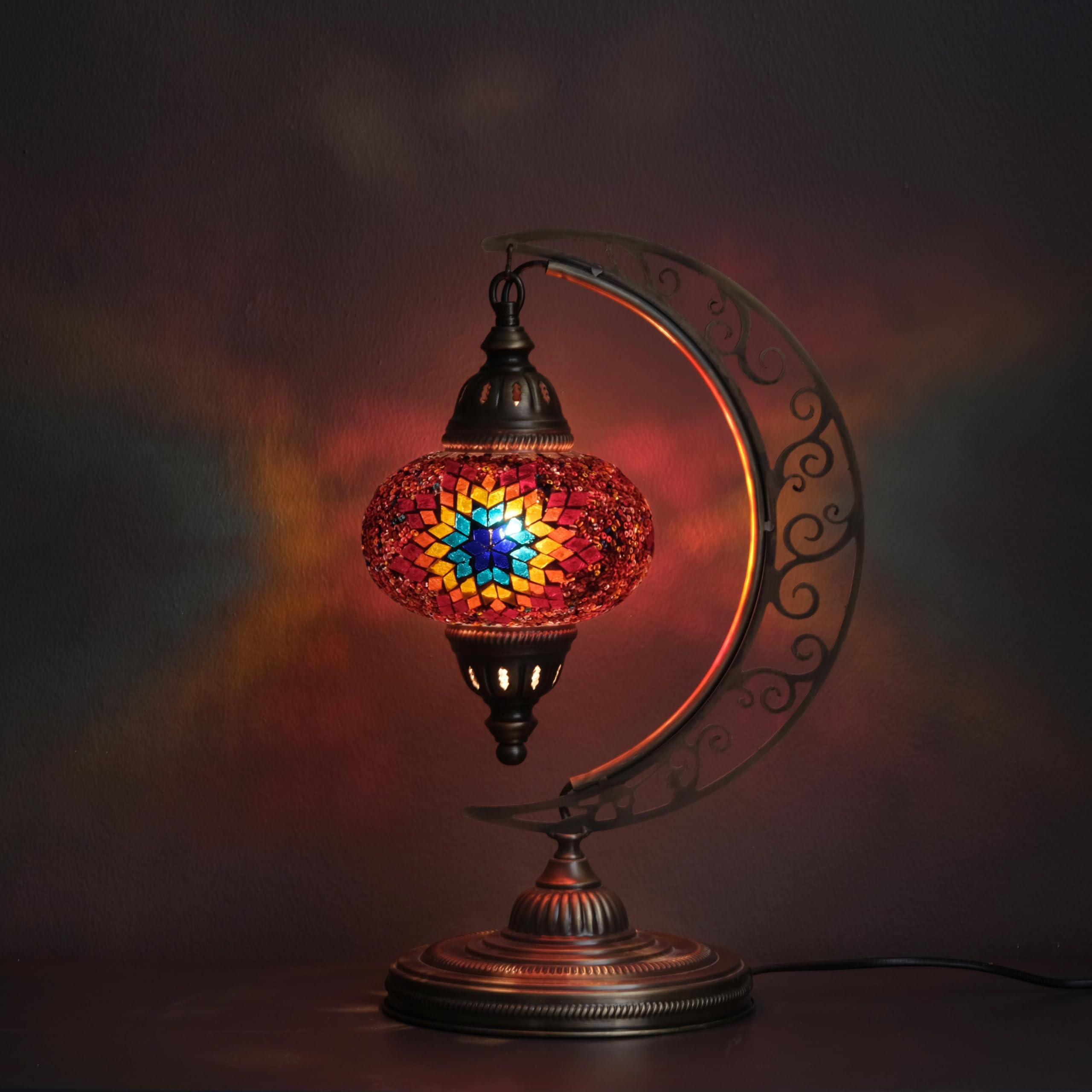 Turkish Moon Lamp, Mosaic Moroccan Table Lighting, Standing Turkish Lamp, Decor Home Floor Lighting Accessory, Total Dim. 7.5 x 11 x 18 inches (Flame)