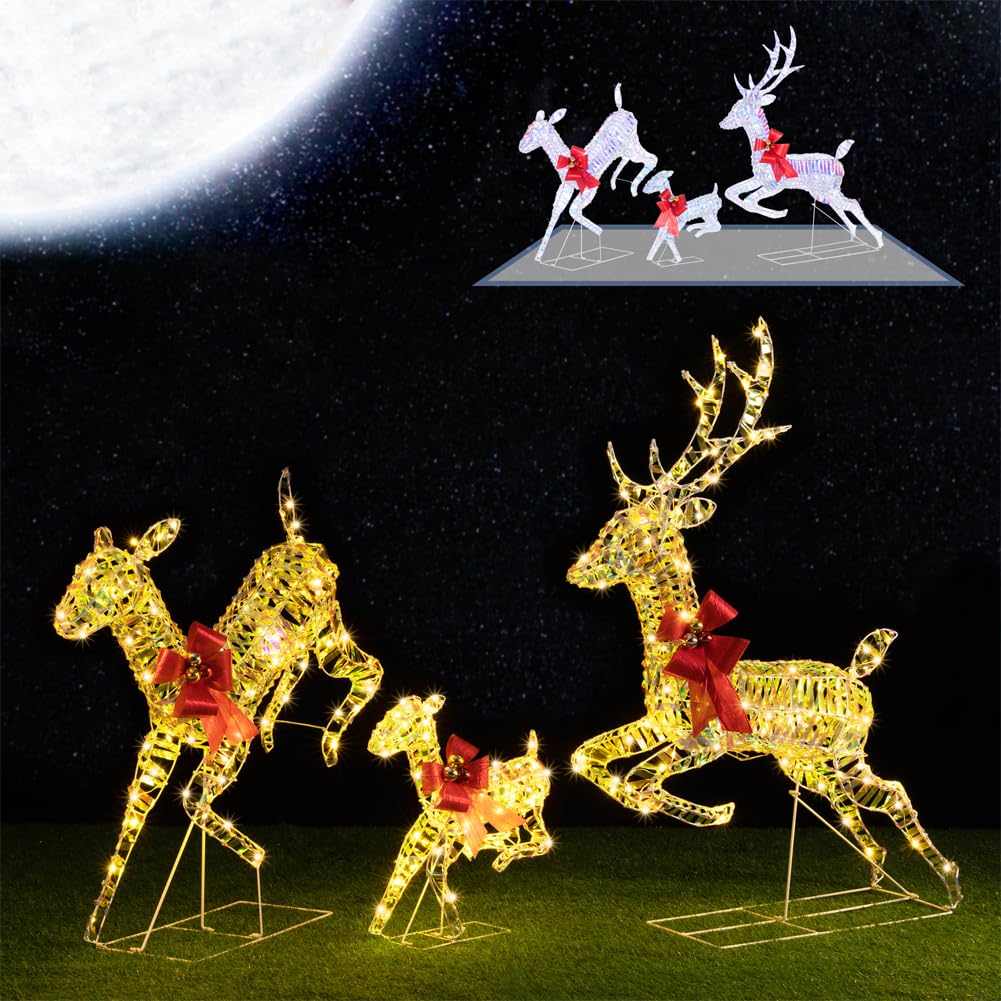 BAKAJI Familie 3 Rentiere Lichter Weihnachten Warmweiß für Außen Hirsche Weihnachtsmann LED Dekoration 3D Dekoration Rentier Außentür Garten Terrasse IP44