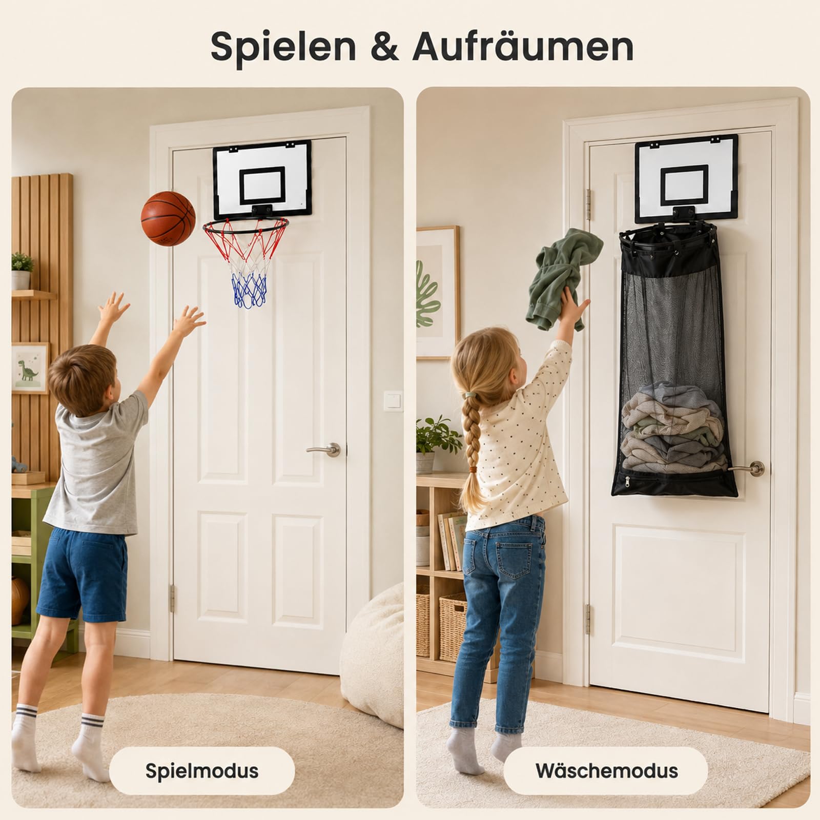 Basketball WäSchekorb, 2 in 1 Basketball Hoop Laundry Basket for Hanging on The Door with Wooden Back Panel Korb Netz, HäNgender WäSchekorb für Badezimmer und Schlafzimmer (A)