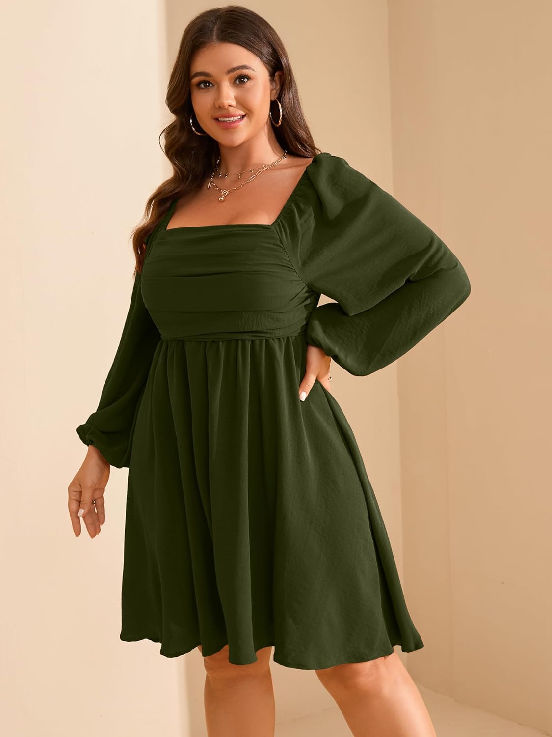 RWJ Womens Long Sleeve Mini Dress 2025 Fall Elegant Square Neck A Line Ruched Smocked Wedding Guest Party Plus Size Dresses - Image 3