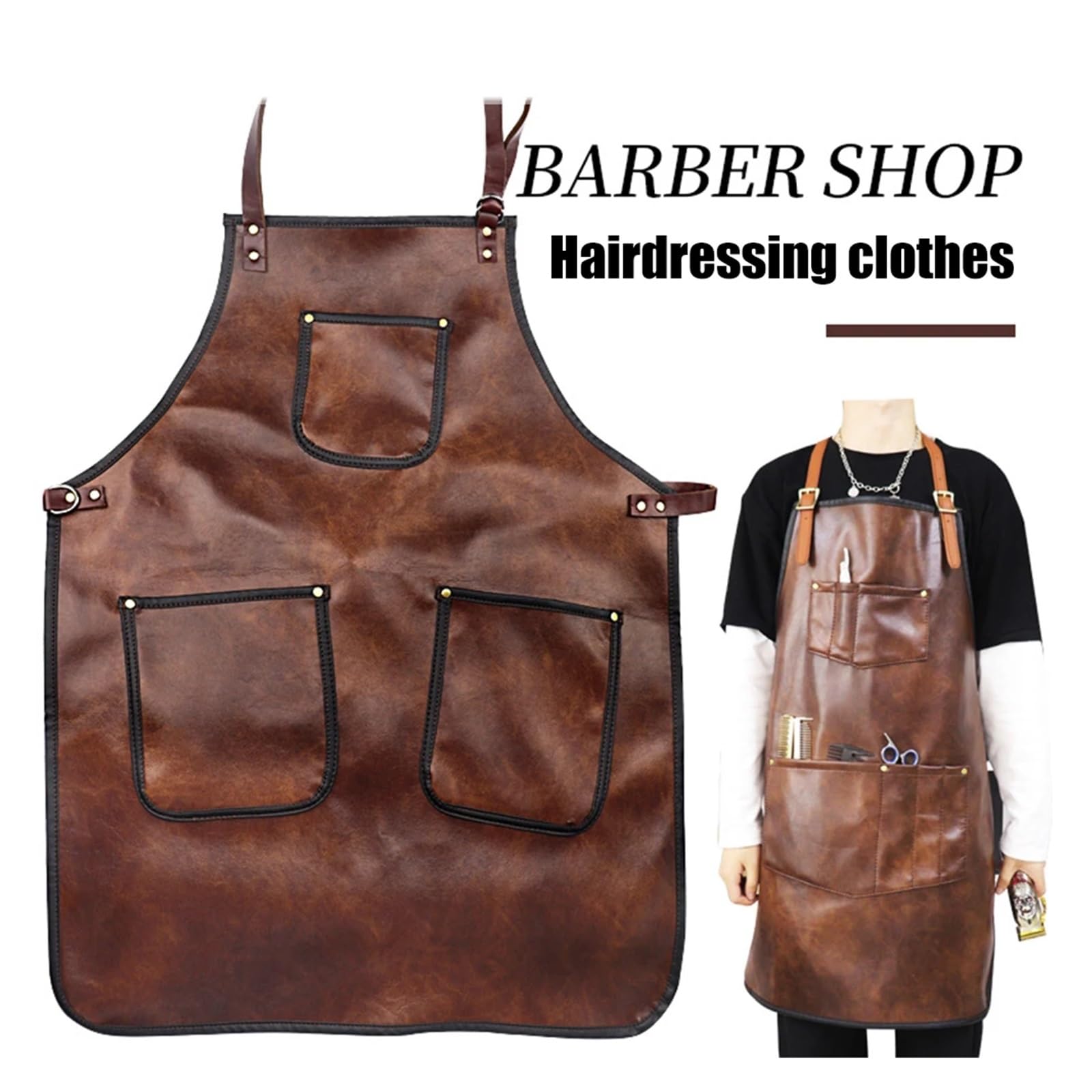 delantal cocina Delantales de cuero, delantal vaquero profesional peluquería for hombres, salón barbería, Retro, múltiples bolsillos, teñido y corte pelo