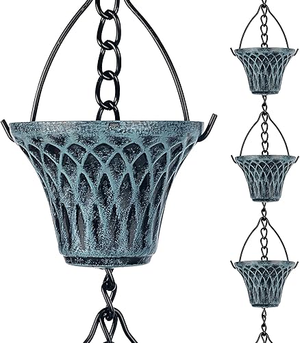 CYNOR Cadenas de lluvia azul antiguas para canalón de bajada decorativas, para jardín, para decoración al aire libre, 6 tazas, extensión de cadena
