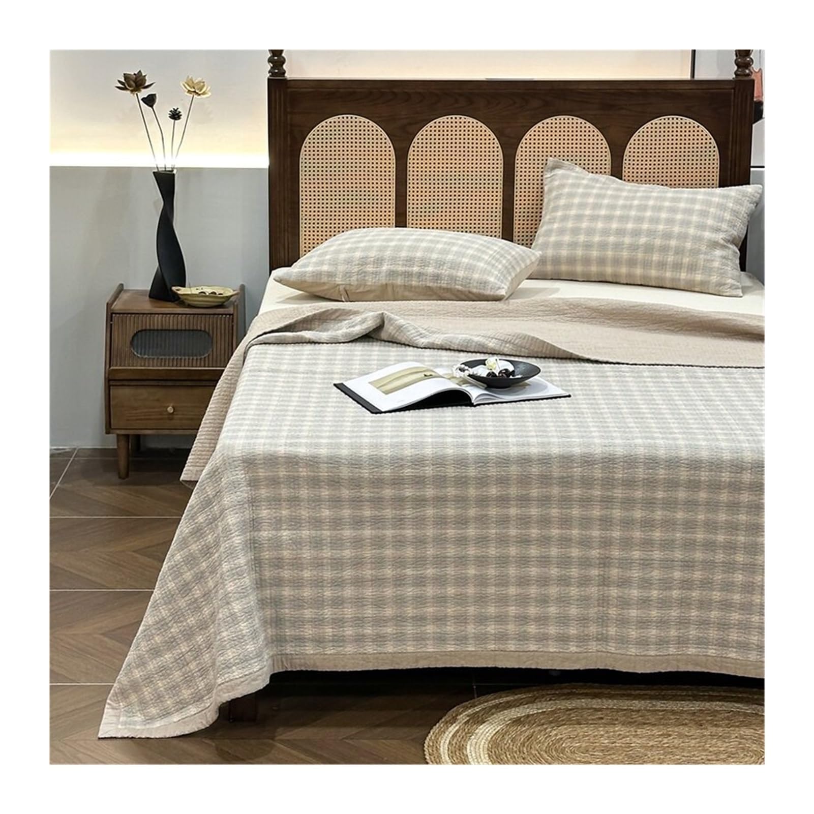 GBHMJU Plaid Quilt Set 3 Pieces Queen Size Soft Cotton Lightweight Summer Reversible Coverlet Bedspread for All Season, 1 Quilt and 2 Pillow Shams(Beige,230x250cm 1 Piece)
