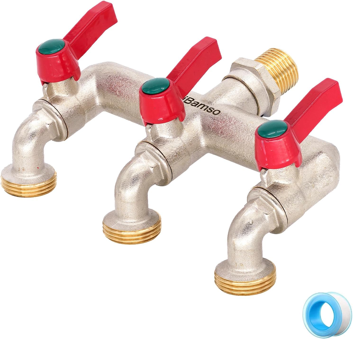 iBamso 3-weg kraan, tuinkraan en splitter 2-in-1, messing waterkraan verdeler met verlengde handgreep, 1/2 inch inlaat en drie 3/4 inch uitlaten met onafhankelijke aan/uit kraanadapter