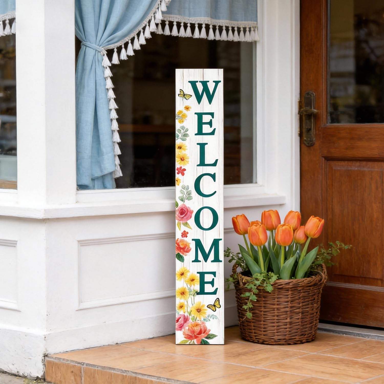 Welcome Sign for Front Door: 47" Wood Framed Spring Flower Decorations Porch Sigh with Hanging Rope, Farmhouse Hanging Standing Porch Leaner Signs for Home Outdoor