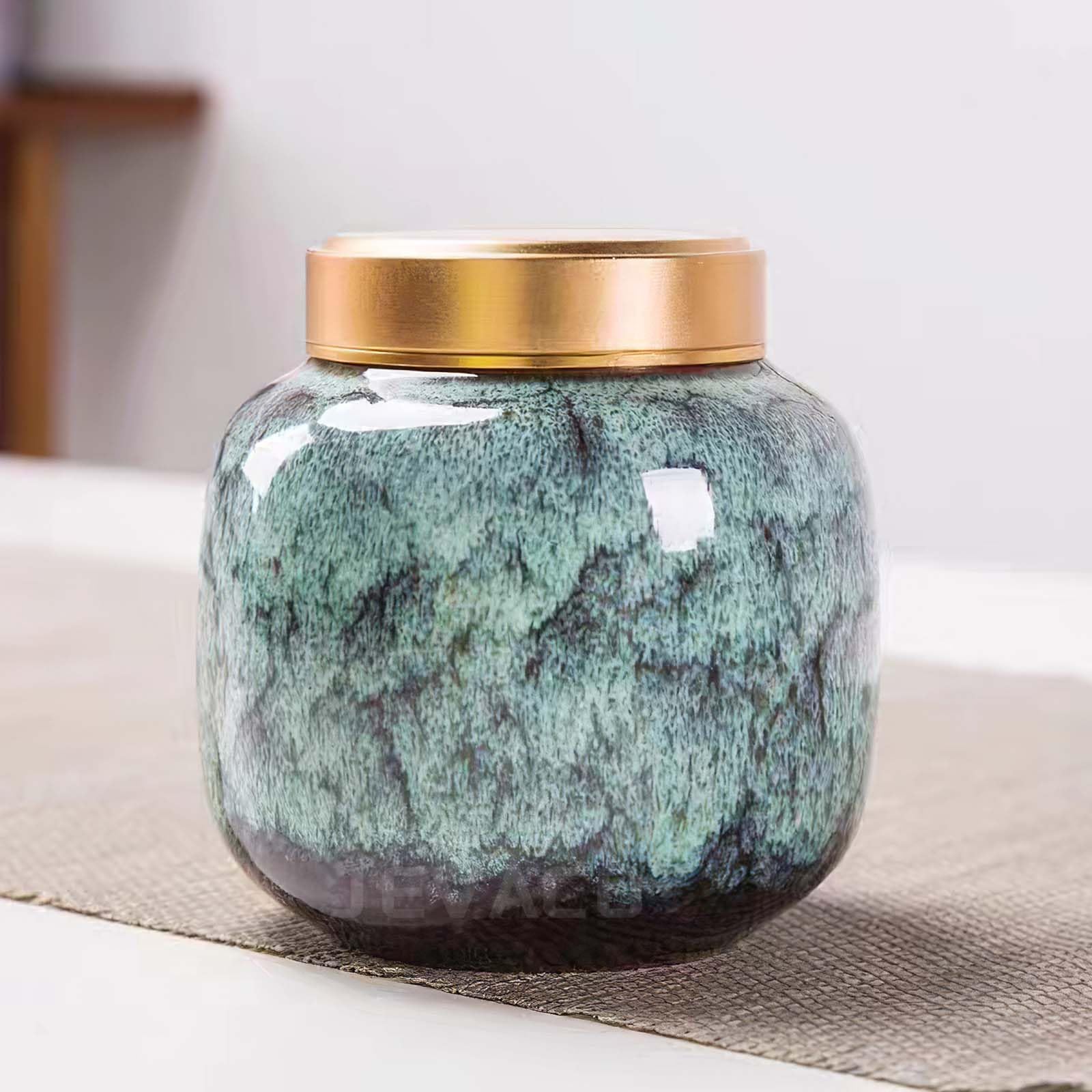 Green Kiln-Transmutation Ceramic Urn - 10 cu in Small Urn for Ashes, Aluminum Lid Memorial for Adults & Pets (3.15