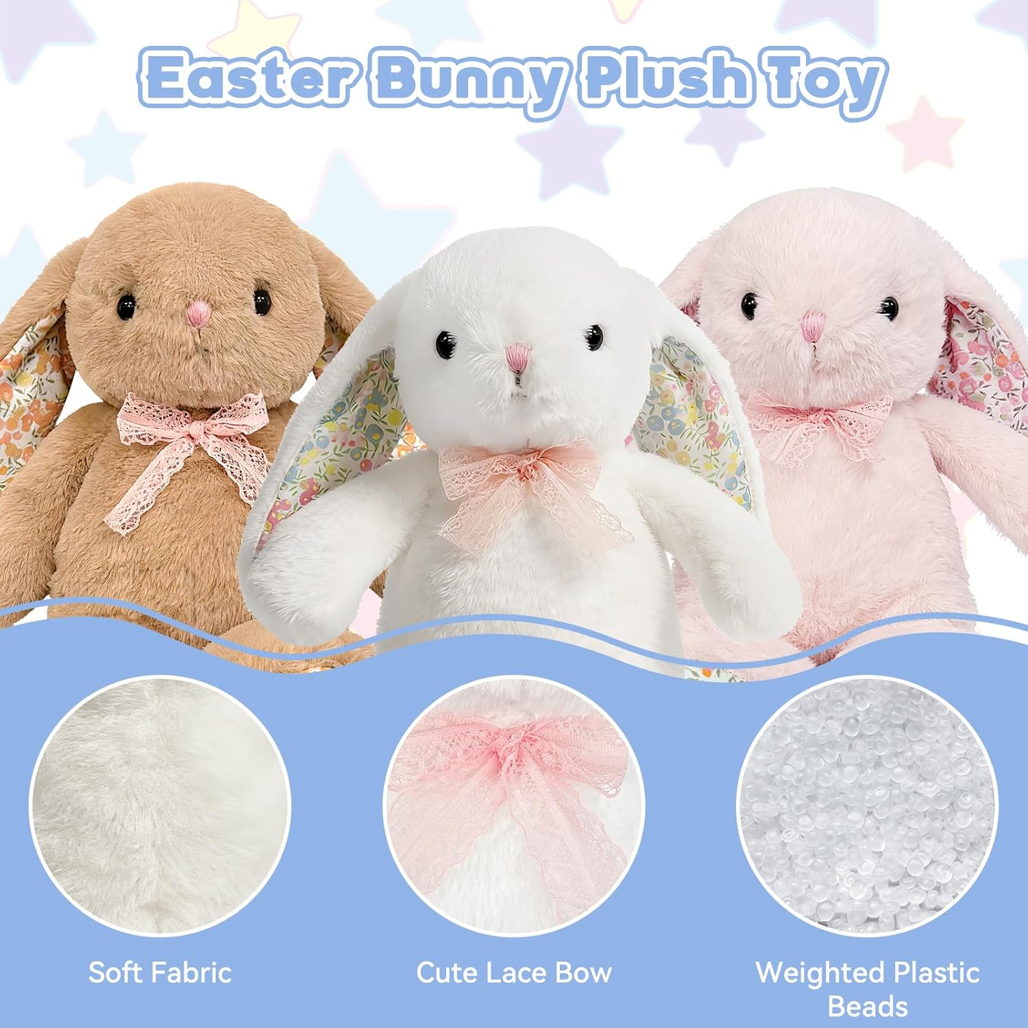 QUIRAI Easter Bunny Stuffed Animal - 14” Floral Bunny Plush with Weighted Bottom for Sitting, Cuddly Rabbit Stuffed Animal Adorable Easter Basket Stuffers for Girls Boys 14" 0.56 lbs White