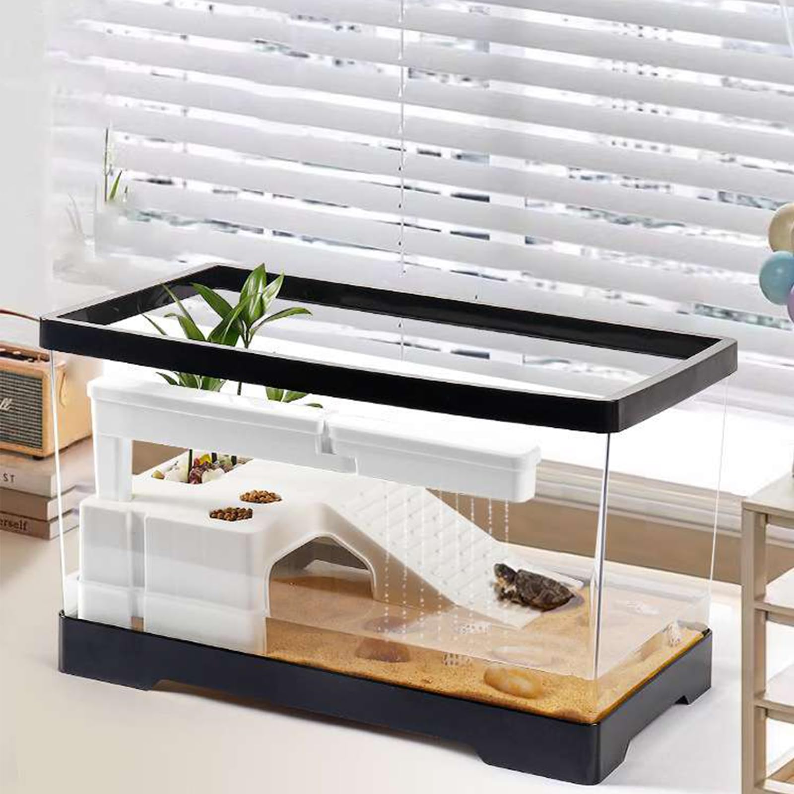 Acuario de tanque de tortuga con plataforma para tomar el sol, lluvia, juguete de criatura acuática, anillo de natación de 40 x 20,5 x 20 cm, kit de hábitat de tortugas pequeñas y tortugas juveniles