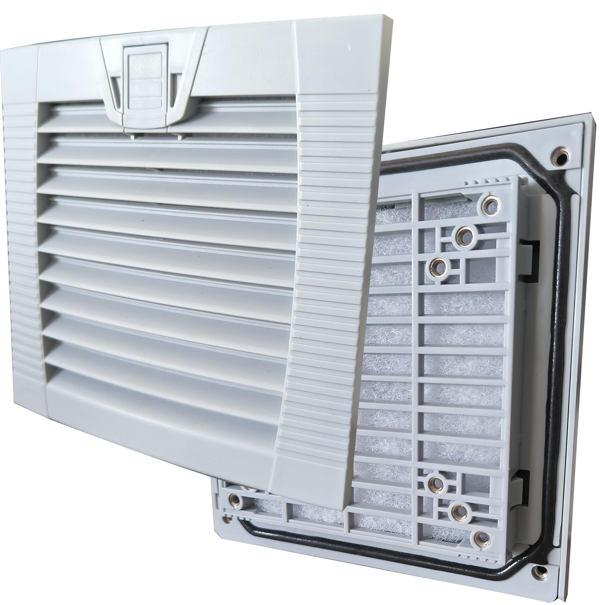 Griglia con filtro per ventola per protezione dalla polvere - ABS, dimensioni 156 x 156 mm, adatto per ventilatore 120 x 120 mm, colore grigio