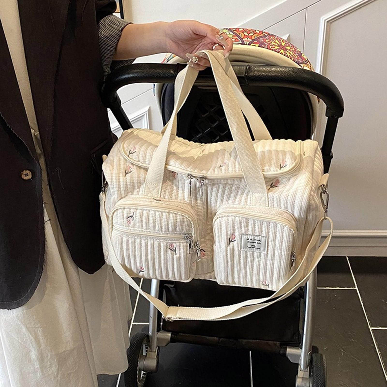 Bolso cambiador de pañales de bebé con bordado de dibujos animados, gran capacidad, organizador de algodón con correa para el hombro