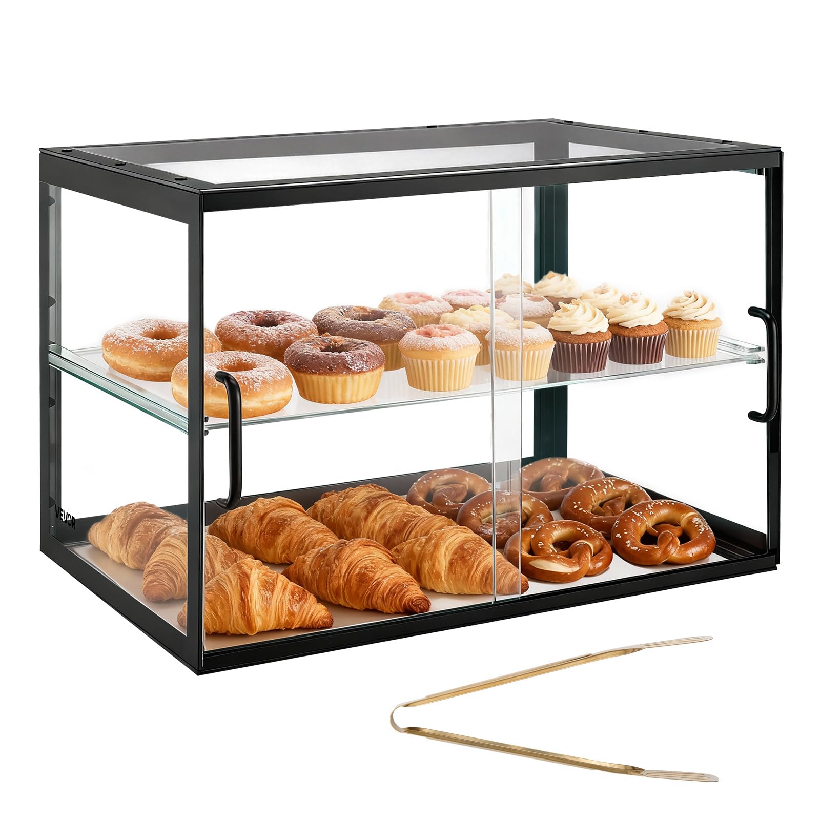 VEVOR Gebäckvitrine 2-stöckig, Gewerbliche Bäckereivitrine aus Transparentem Acryl, Thekenvitrine mit Schiebetür & Abnehmbarer Trennwand für Kekse, Desserts und Donuts, 550 x 385 x 390 mm Schwarz