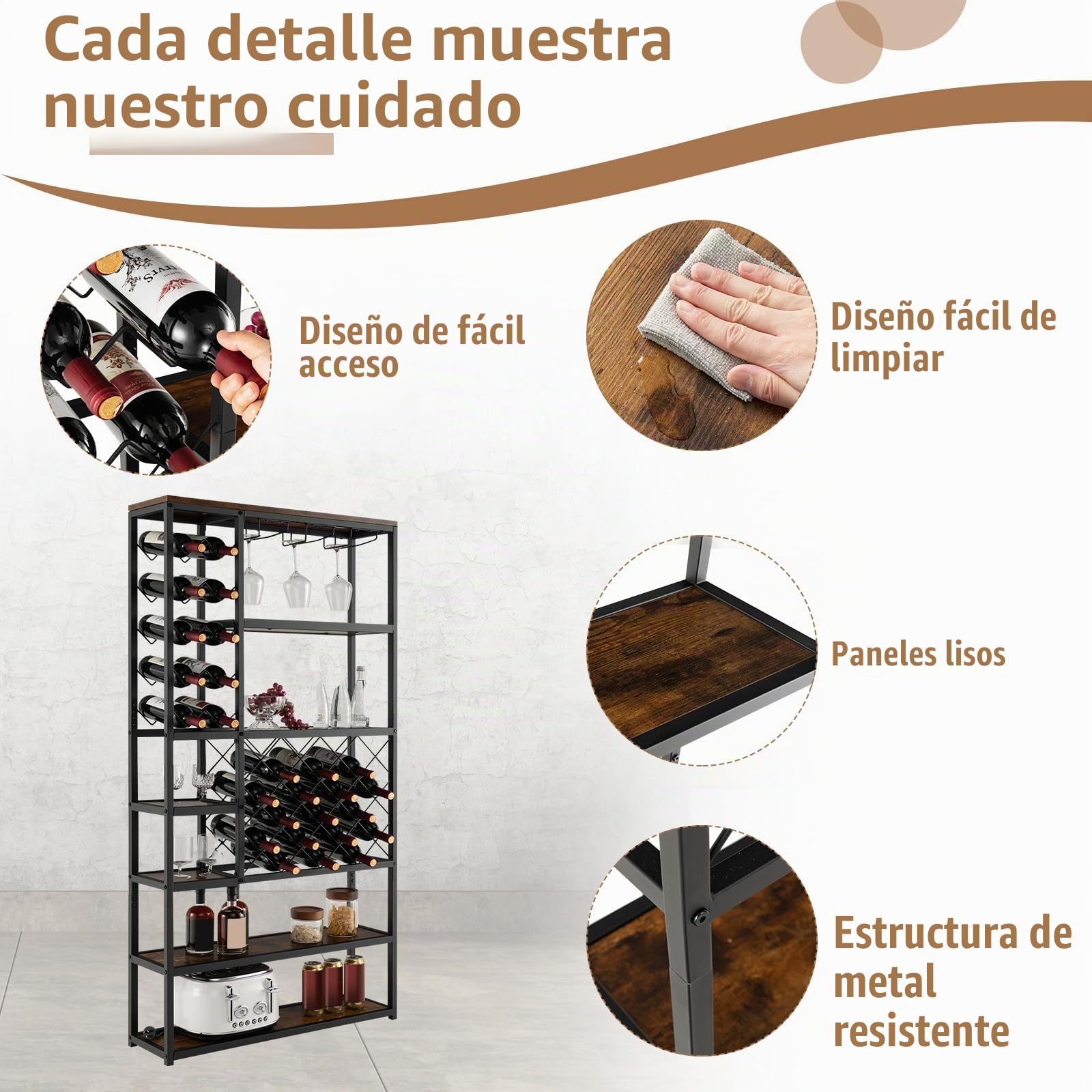 KOMFOTTEU Botellero para 27 Botellas, Estantería de Vino con 7 Niveles de Estantes y 3 Filas de Portavasos, Armario de Madera de Pie, Mueble Exhibición para Comedor, Despensa, Bar, 81 x 23 x 166 cm