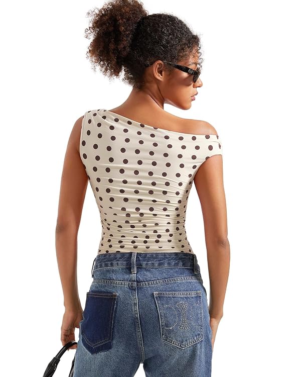 SUUKSESS Women Off Shoulder Tops Sleeveless Shirts Y2K Trendy Going Out Crop Tank Top (Cream Polka Dots,M) by SUUKSESS - Used condition - Image 3