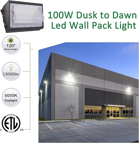 Miniatura 2 de Paquete de luz LED de pared con fotocélulas del atardecer al amanecer, 100 W, 13000 lúmenes, 5000 K, entrada AC100-277 V, equivalente a 500 W
