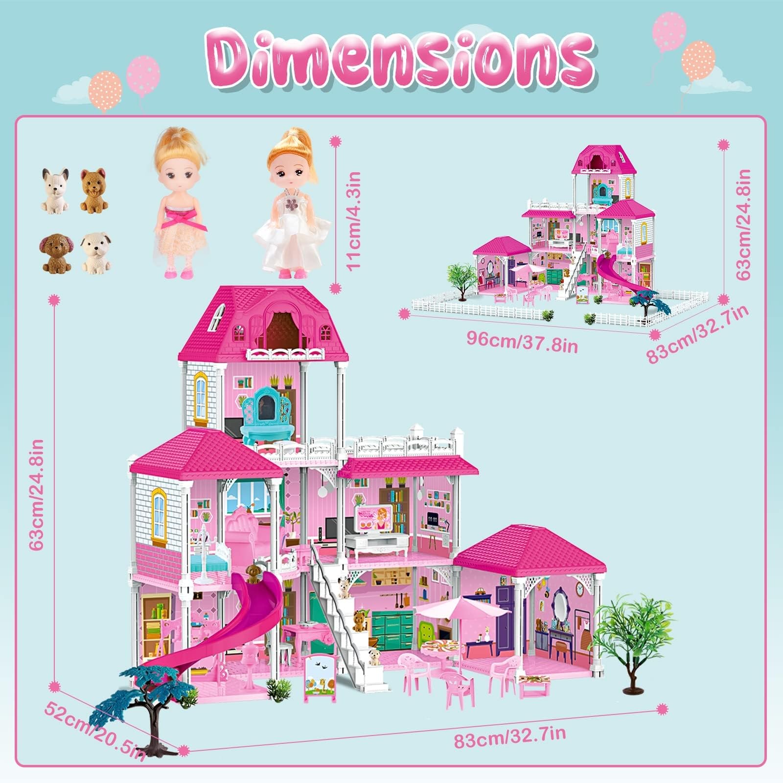 deAO Maisons de poupées et Jouets avec Meubles,Accessoires et Toboggan, et Plus Encore, Grandes Maisons de DIY poupées de Jeu pour des Heures de Plaisir, Les Jouets Parfaits pour Les Enfants