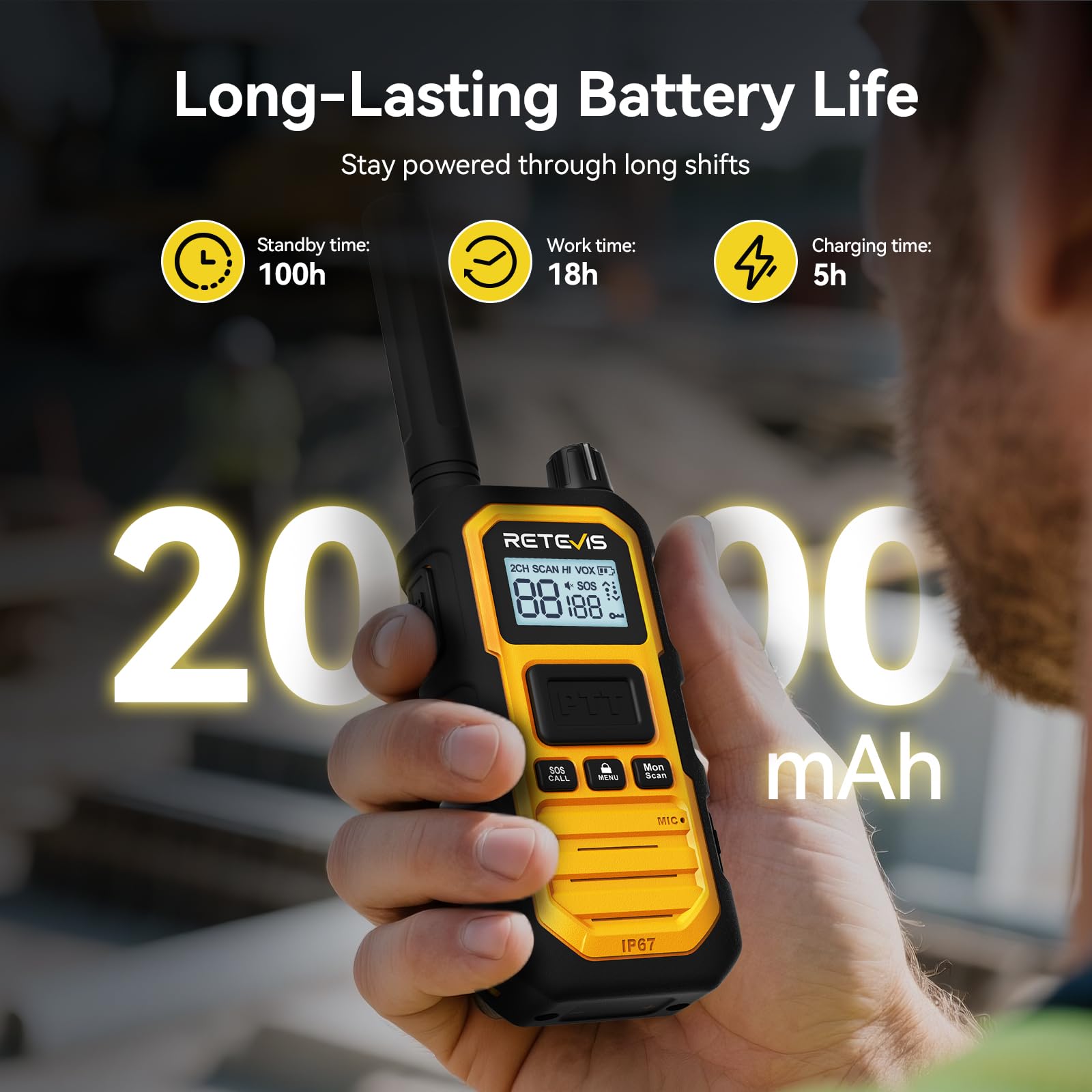 Retevis RB648Plus Funkgerät mit Großer Reichweite, Walkie-Talkie Baustellen | IP67 wasserdichte Handfunkgerät Set mit 10-Wege-Ladegerät, 2000mAh, Gruppenruf, VOX, (10 Stück, Gelb)