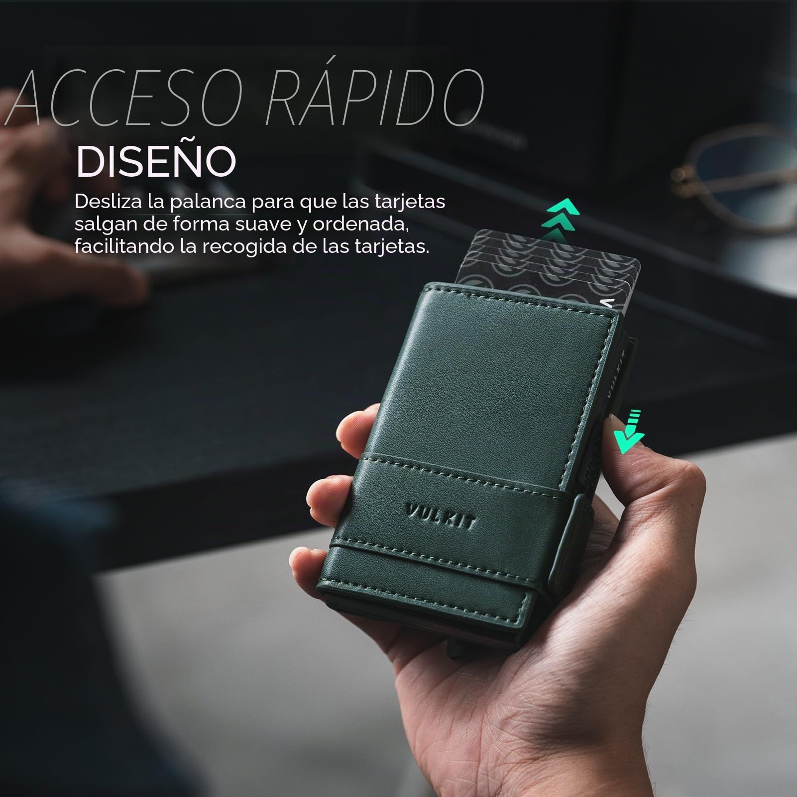 VULKIT Tarjetero Plegable de Piel Cartera para Hombre, Tarjetero de Metal con Bloqueo RFID, para 9 Tarjetas y Billetes, con Ventana para Ranura para Tarjeta de ID y Bolsillo para Moned