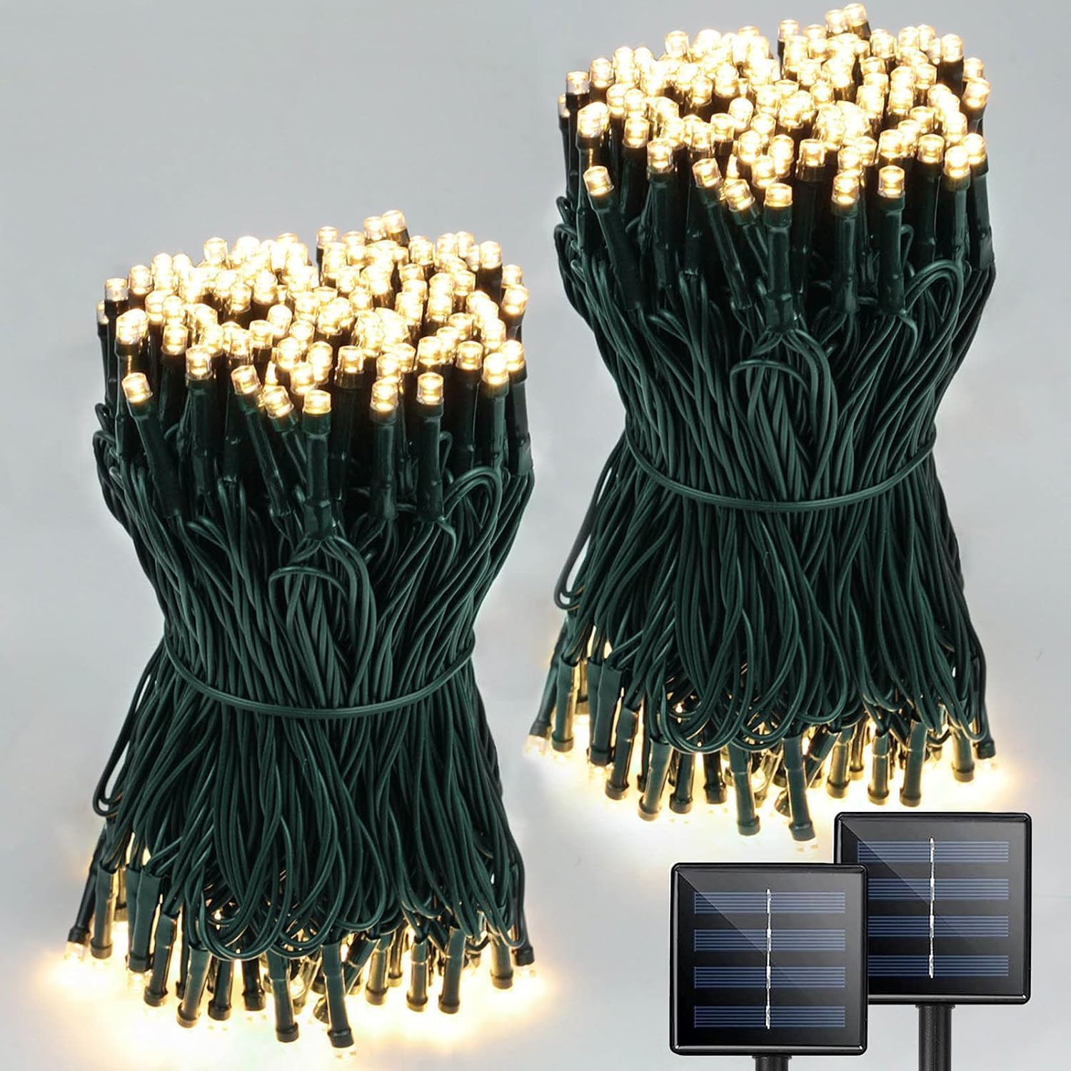 Lot de 2 guirlandes lumineuses solaires de Noël à 400 LED pour l'extérieur avec 8 modes, étanche, fil vert, guirlande lumineuse solaire pour décoration de Noël, cour, jardin (blanc chaud)