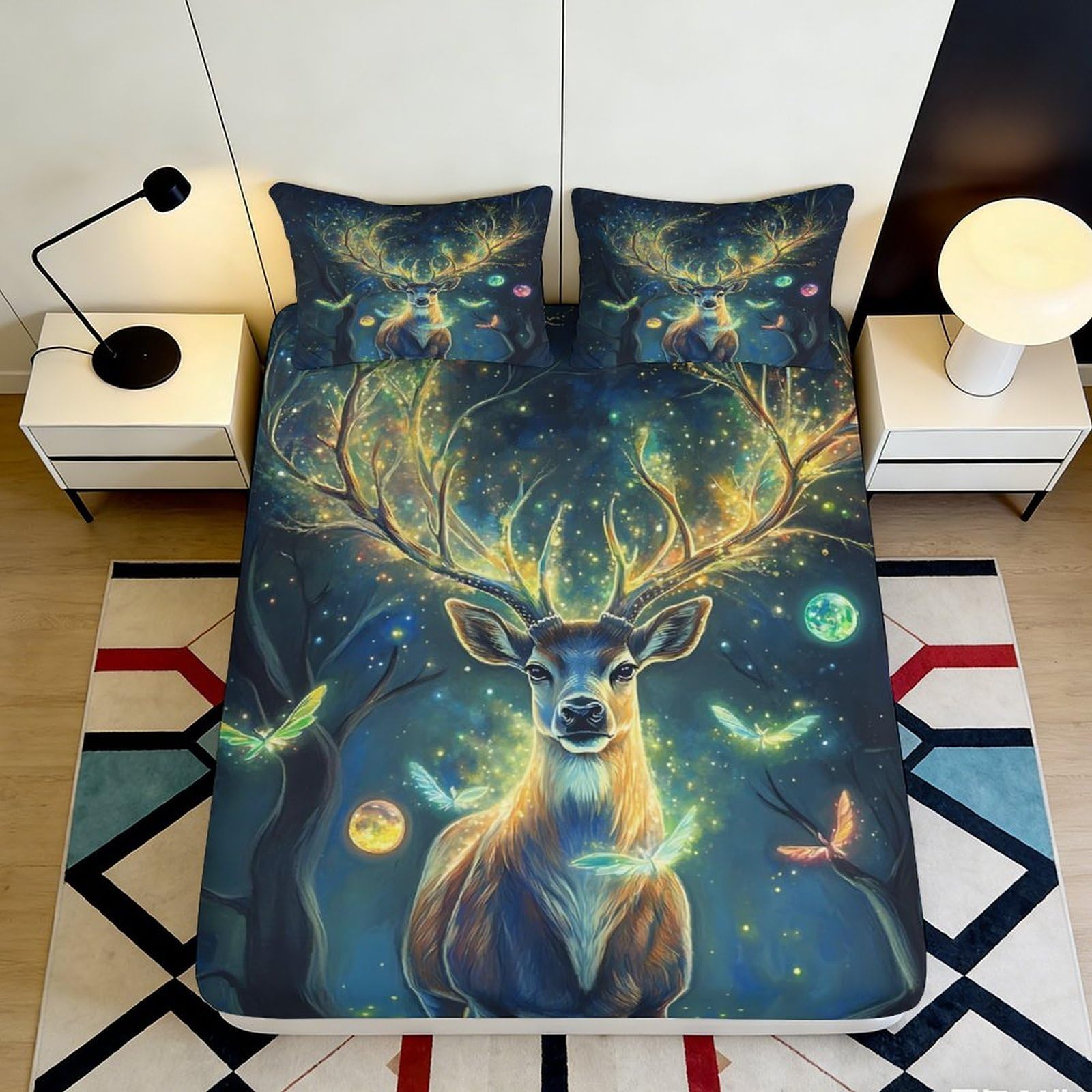 3D Printed Magical Deer Fitted Sheet Microfiber Decorative Forest Glow Bed Sheet for Bedroom Guest Room Dorm Decor 90x200x25cm