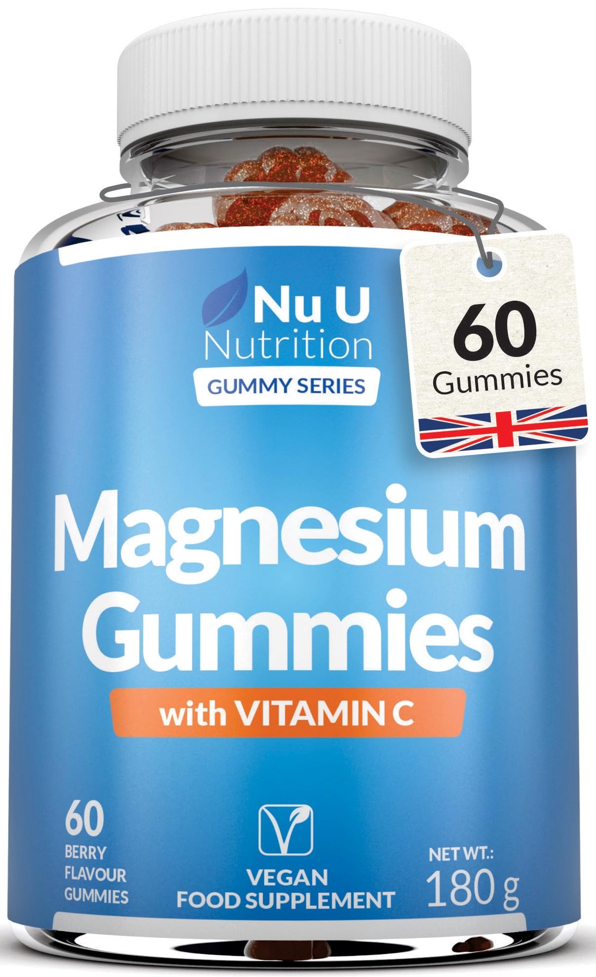 Magnesium Citrate Gummies 1250mg for Adults and Kids (5+) - 60 Vegan Gummies - Berry Flavour - Providing 150mg of Elemental Magnesium & 80mg of Vitamin C - Made in The UK - Nu U Nutrition