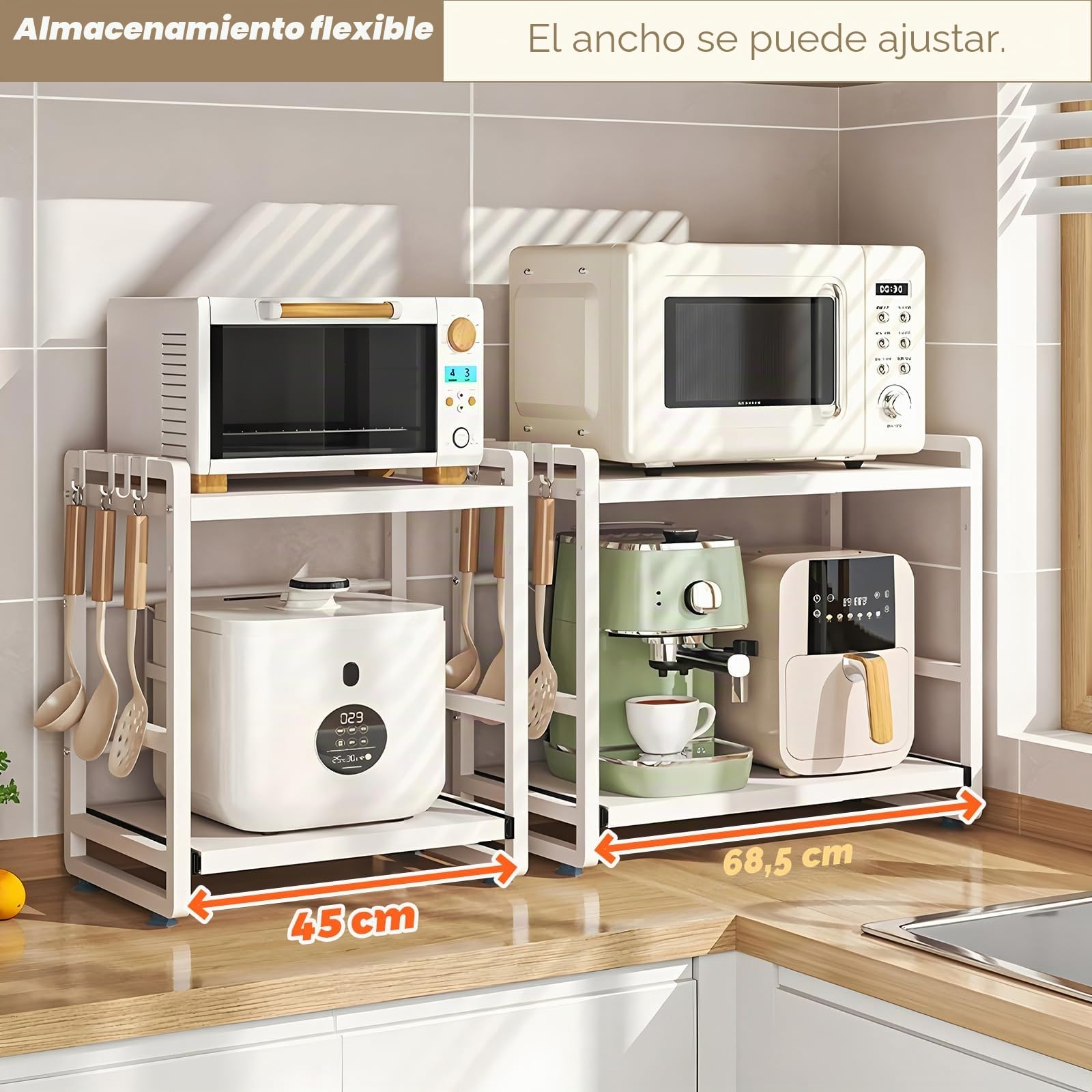 Estante de cocina con 2 niveles, altura ajustable y estante extensible con cajón, acero al carbono, ganchos y ventosas de refuerzo, fácil montaje, color blanco