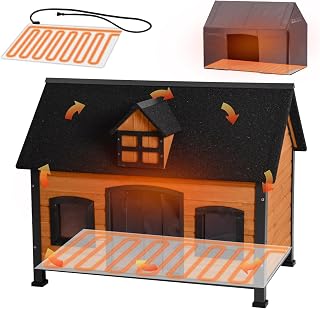 Heated Dog House with Insulated Liner Anti-Chewing Metal Frame Design Insulated Wooden Dog Kennel with Unique Design Roof, Weatherproof Dog House for Outdoor Indoor