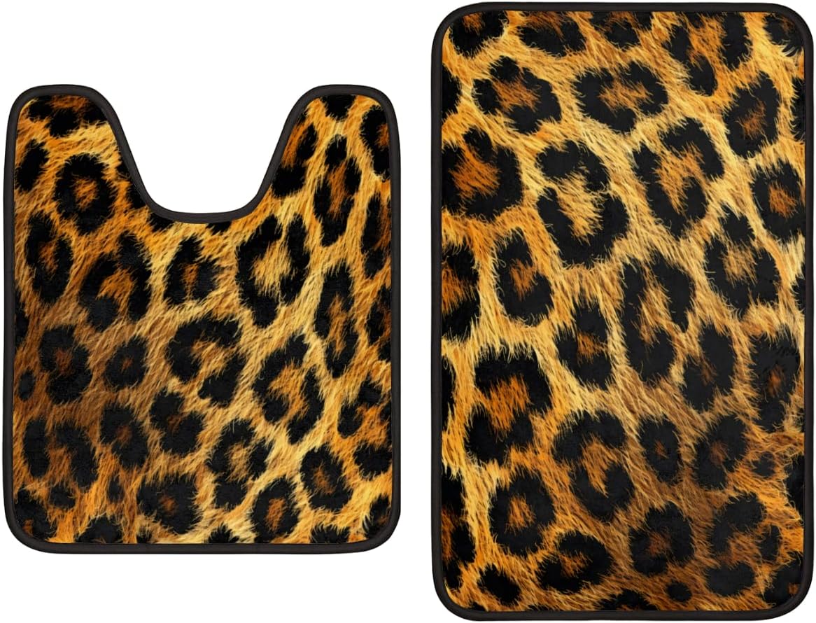 Animal Print Leopard Skin Bathroom Rugs Sets 2 Piece, Leopard Print Absorbent Microfiber Bath Rugs and U-Shaped Toilet Rug, Non Slip Washable Bath Mats for Bathroom Bath Tub