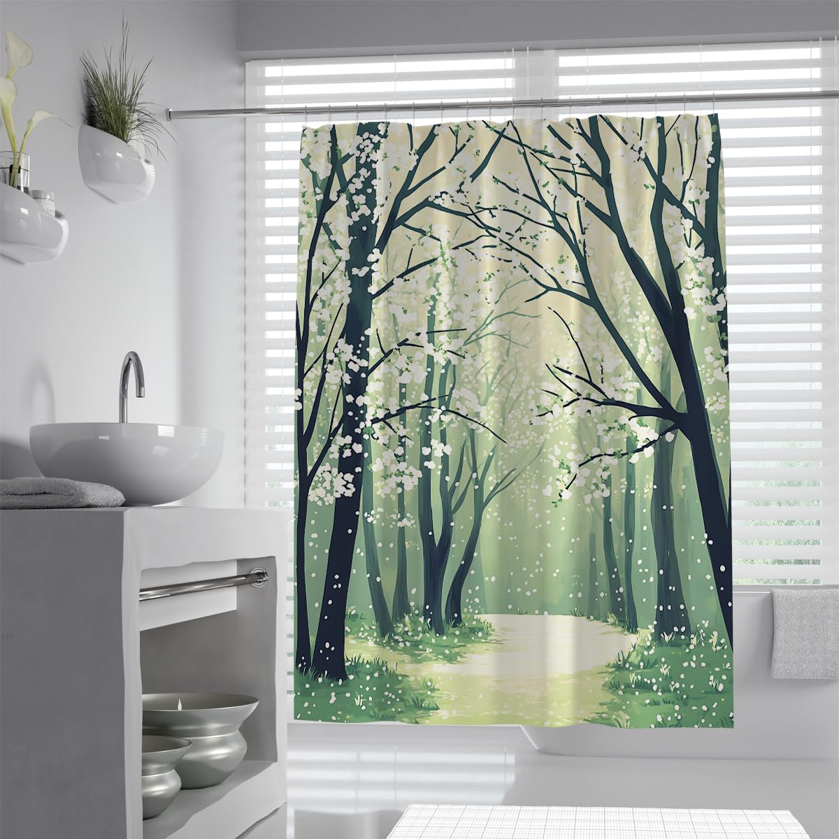 UERWOWELL Nordic Minimalism Shower Curtain Watercolor Woodland Alley White Flower Trees Bath Curtain Pastel Green Fabric Bathroom Decor Curtains Waterproof W200xL200 cm