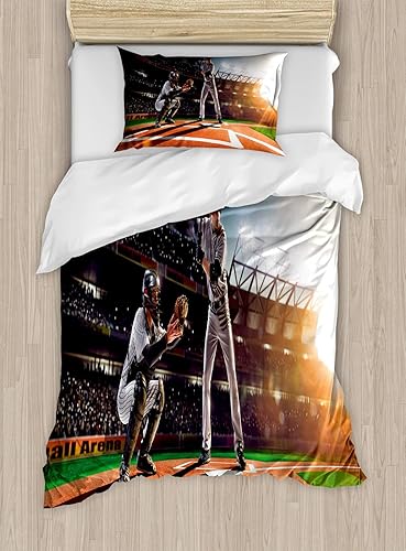 Miniatura 276 de Ambesonne Juego de funda de edredón de pesca, lubina de boca grande atrapando un bocado en espray de agua, imagen salvaje, juego de cama decorativo