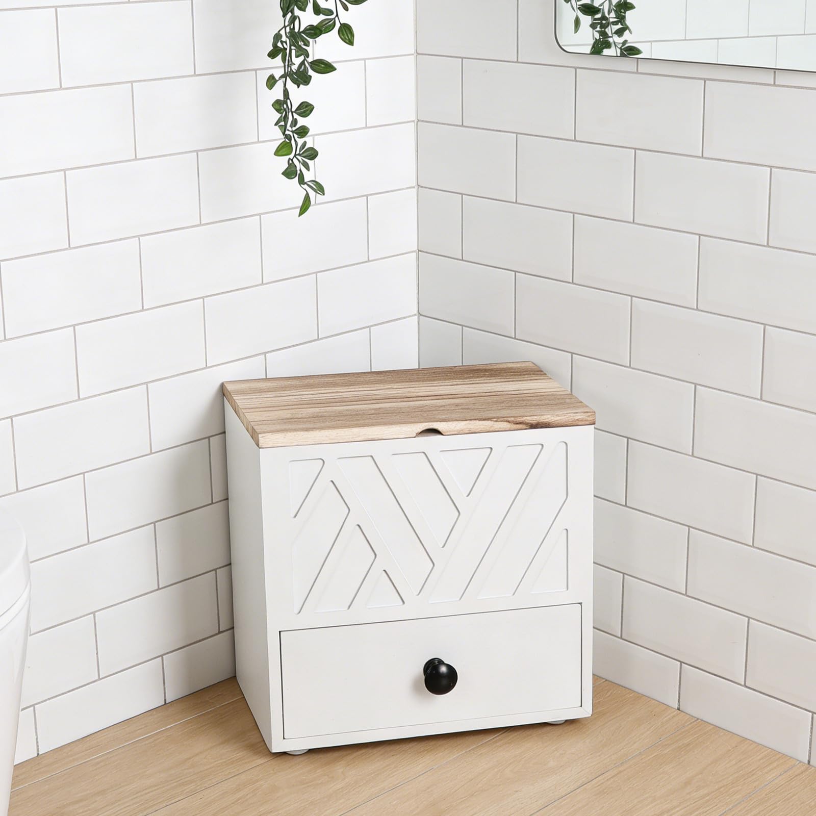 Organizer per Assorbenti in Legno Bianco con Cassetto e Coperchio