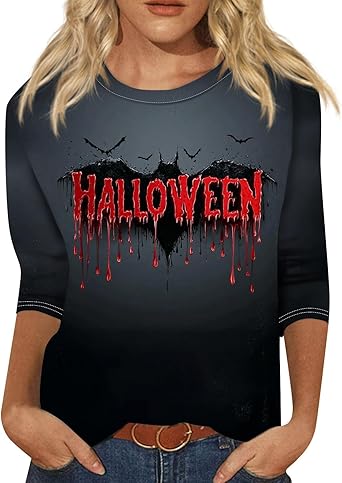 Cute Funny Halloween Shirts for Women Plus Size 3/4 Length Long Sleeve Womens Tops Witch Gothic Renaissance Shirt