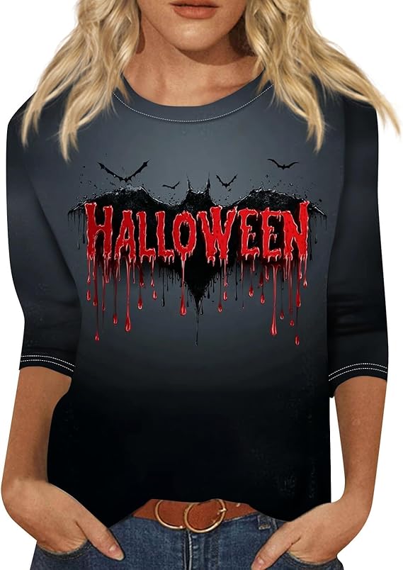 Cute Funny Halloween Shirts for Women Plus Size 3/4 Length Long Sleeve Womens Tops Witch Gothic Renaissance Shirt
