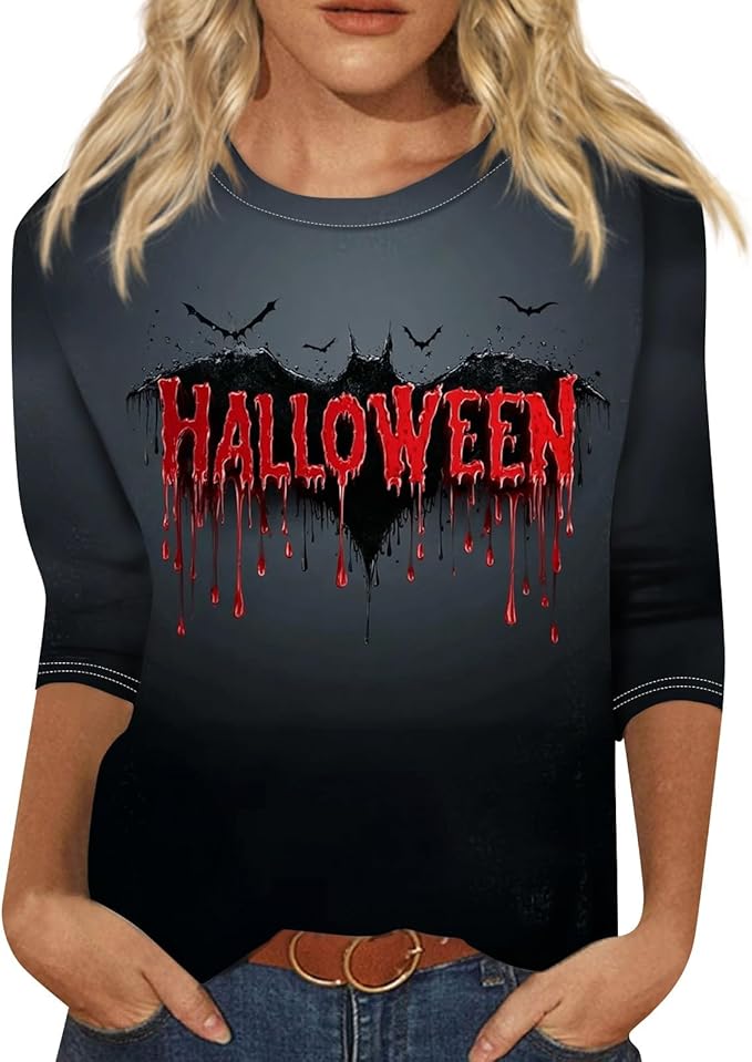 Cute Funny Halloween Shirts for Women Plus Size 3/4 Length Long Sleeve Womens Tops Witch Gothic Renaissance Shirt