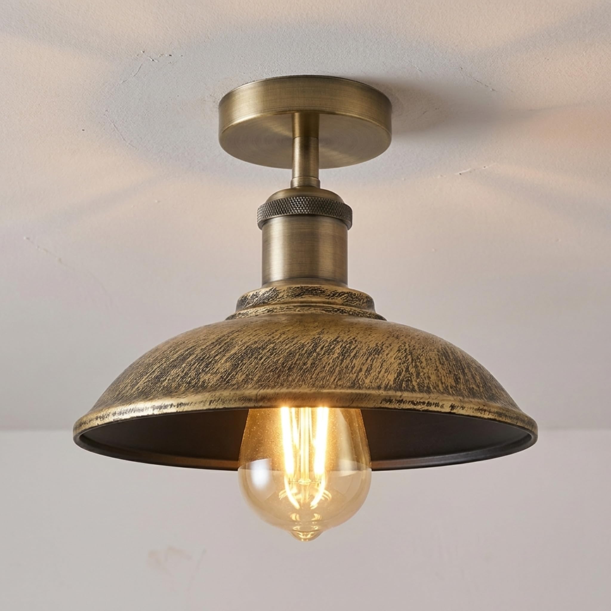 DC VOLTAGE Vintage Industrial Ceiling Light with Metal Lampshade 22cm Semi Flush Mount Lighting Fixture for Farmhouse Kitchen Livingroom Hallway Brushed Brass Without Bulb