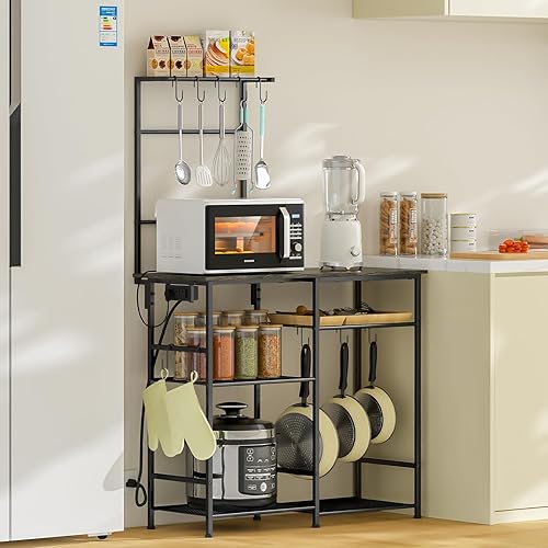 Miniatura 7 de Estante para panaderos con toma de corriente, soporte de microondas de cocina con 10 ganchos en forma de S, estación de barra de café de 6 niveles,