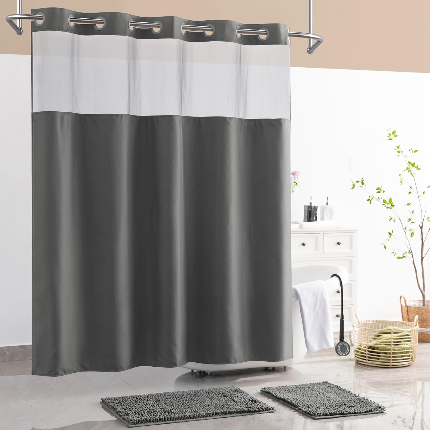 Barossa Design No Hook Shower Curtain Set with Rugs - 2 Pcs Bathroom Rugs and Shower Curtain Sets with Snap-in Liner, Hotel Style Bathroom Accessories, Grey
