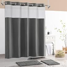 No Hook Shower Curtain Set with Bathroom Rugs and Bath Mat - 2 Pcs Bathroom Curtains and Shower Curtain Sets with Snap-in Liner, Hotel Style Grey