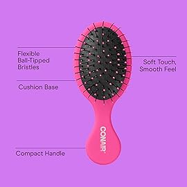 Conair Detangling Mini Hair Brush Set, 3-Pack Detangler Brushes for Wet or Dry Hair, Gentle Detangler for All Hair Types, Bristle Hair Brushes for Women, Travel Size, Pink, Gray, and Blue