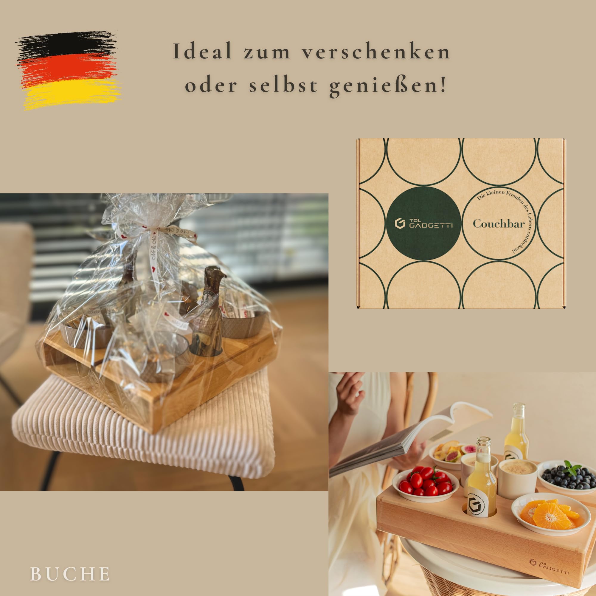Couchbar Snackbox (100% Echtholz): Premium All-in-One Snackbar aus edlem Buchenholz, meisterhafter Handwerkskunst und einzigartigem Design – Perfekt für Familien und Genießer.