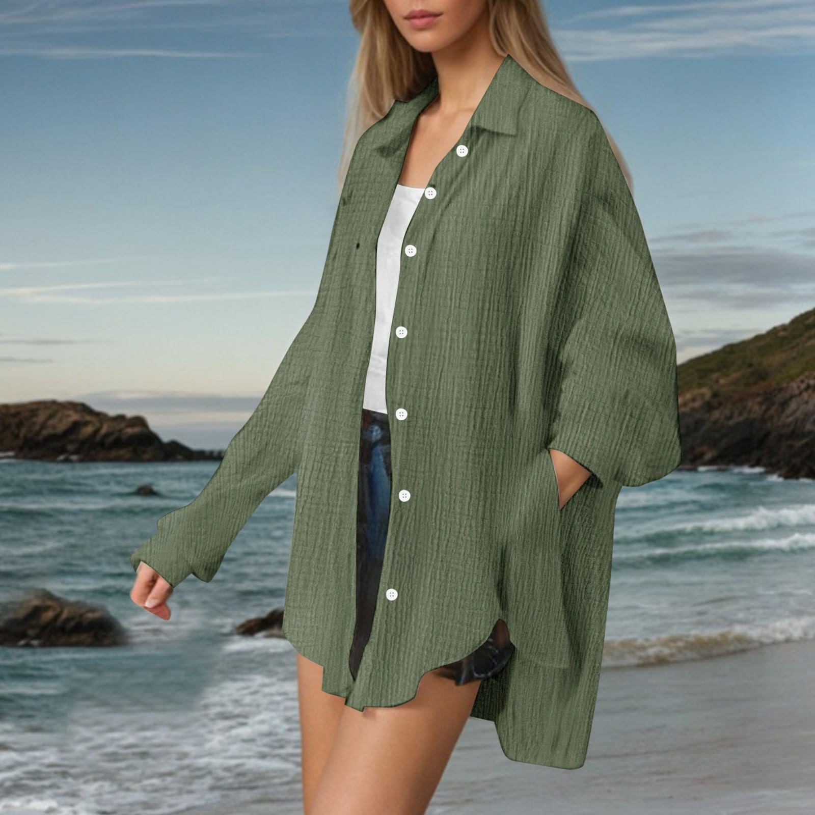 Chemise boutonnée à manches longues tendance en lin pour femme, coupe ample, légère, couleur unie, col en gaze, tunique décontractée pour le printemps, la plage, respirante, vert militaire, S