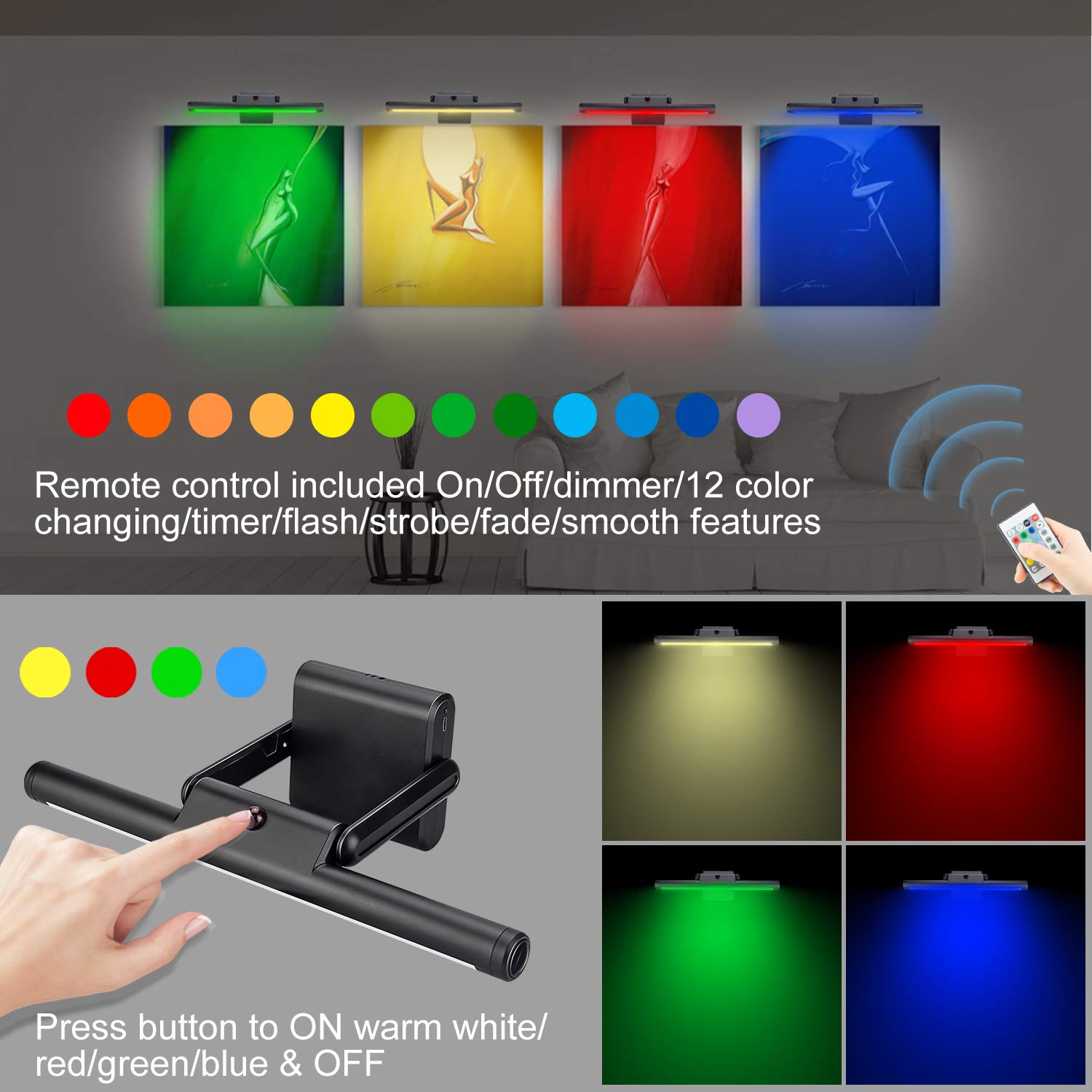 BIGLIGHT Luce di Immagine Wireless con Telecomando, Lampada da Parete Ricaricabile, 4 Modalità di Illuminazione, 12 Colori Luce di Riempimento Dello Specchio Anteriore,Temporizzazione Regolabile, Nero