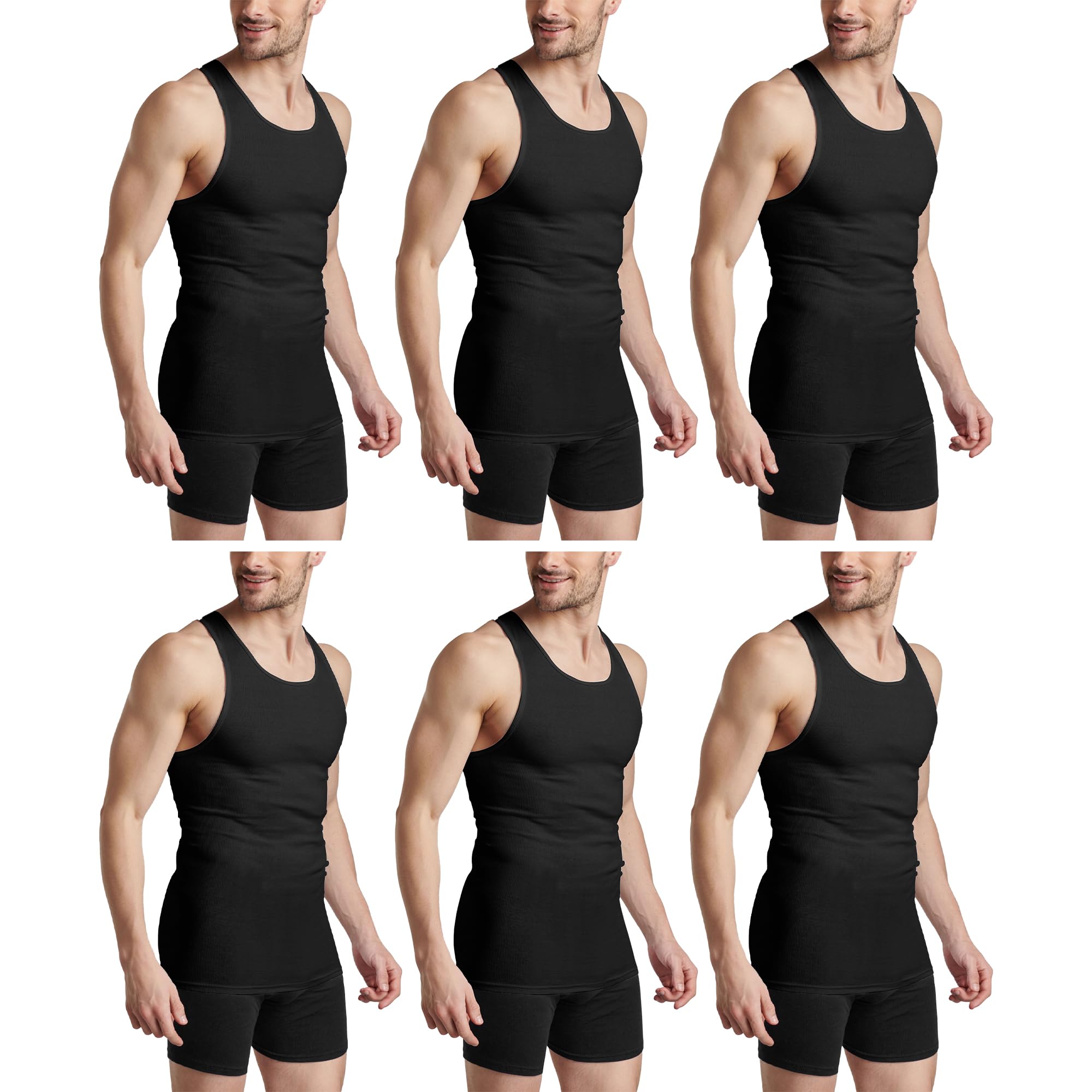 Hifen Men's Black Hifen® Cotton Summer Vests Lightweight Sleeveless Gym Singlets Undershirts Pack Of 6