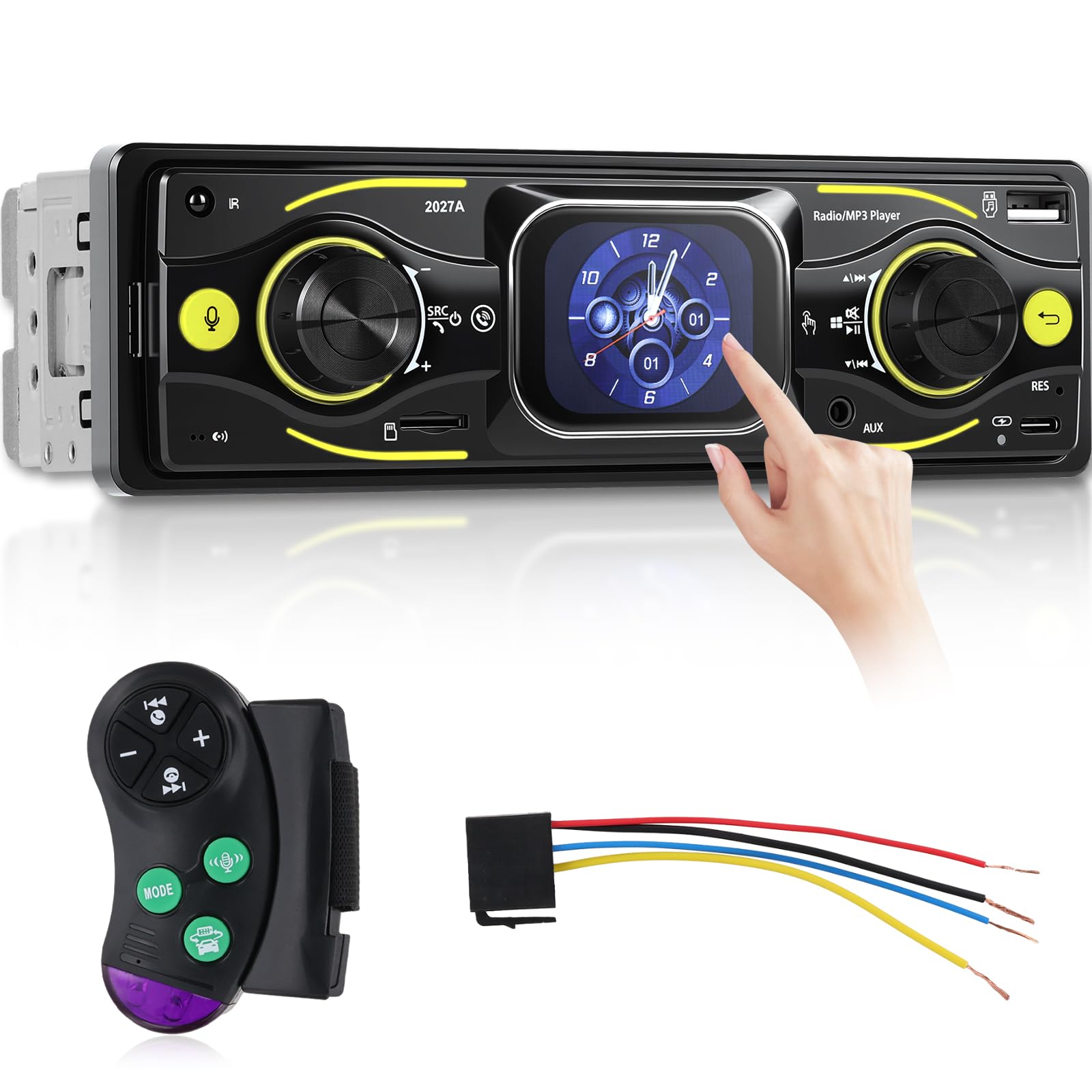 NHOPEEW Radio samochodowe 1 DIN z Bluetooth i ekranem dotykowym: odtwarzacz MP3 z FM, korektor, zestaw głośnomówiący, wejście USB/SD/AUX, ładowanie typu C, złącze ISO i kolorowe światła LED