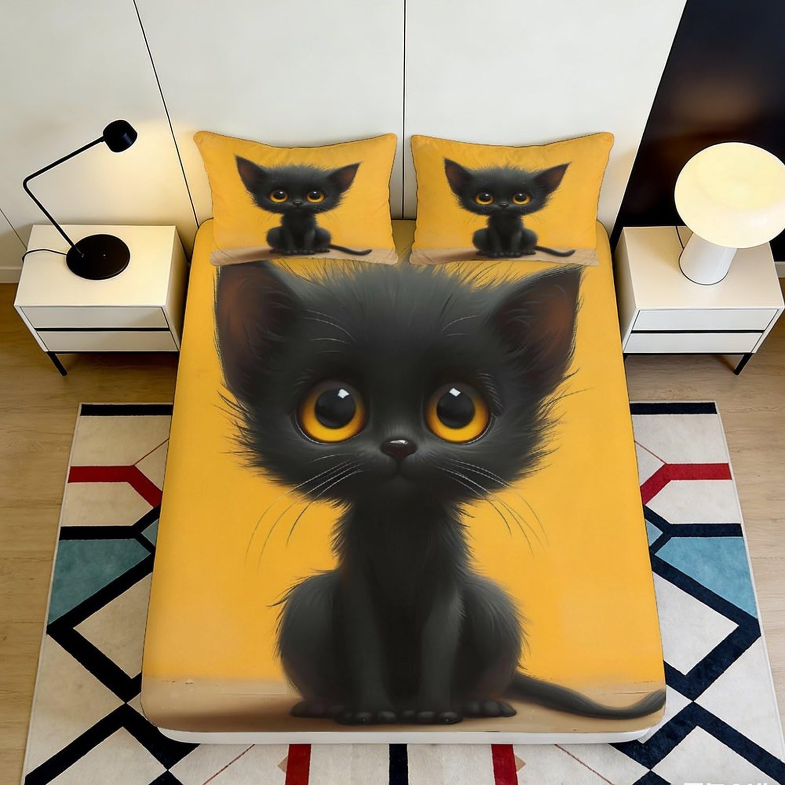 3D Printed Black Cat Fitted Sheet Microfiber Cute Cartoon Orange Bed Cover Anti-Slip for Bedroom Guestroom Easy Care 90x200x25cm