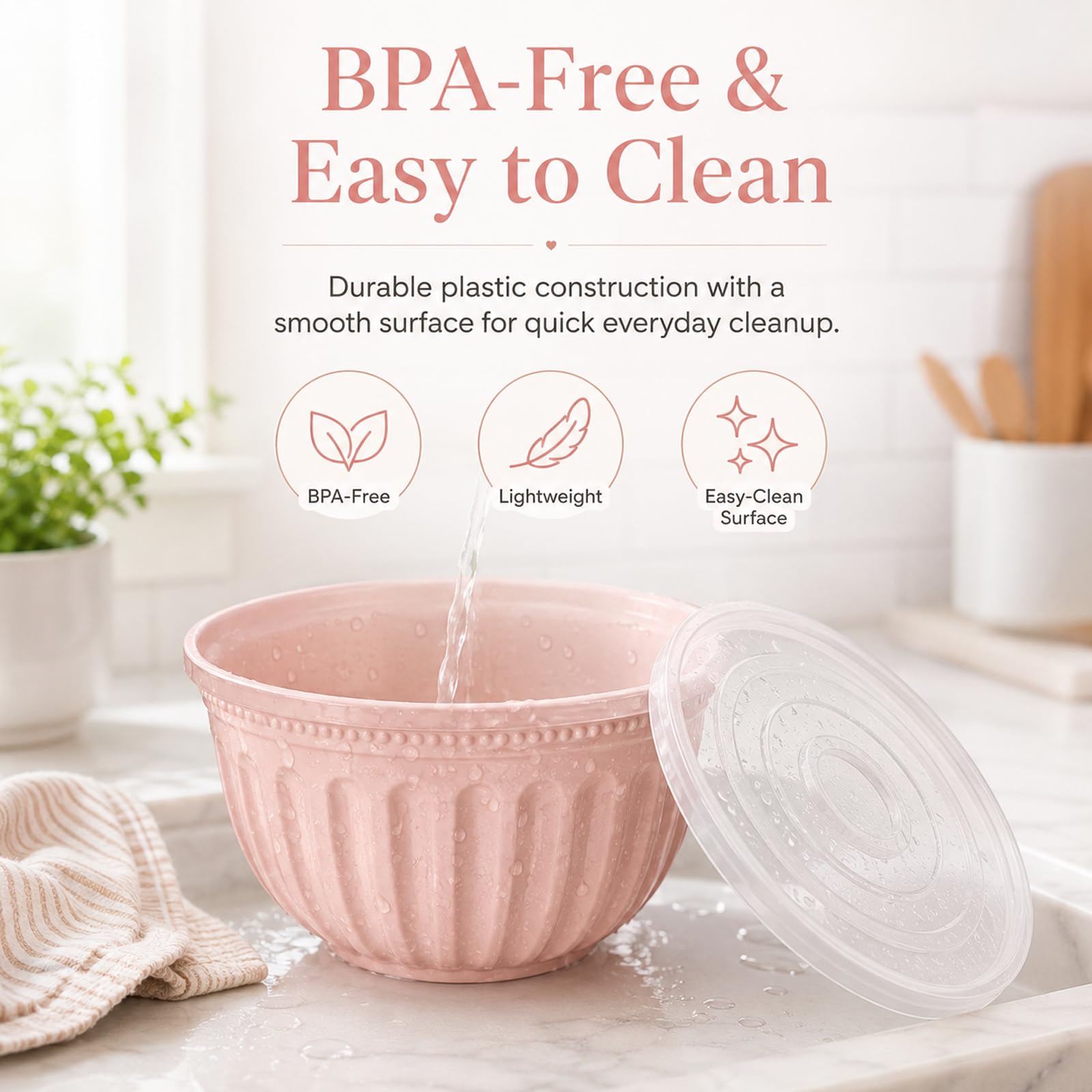 Set di 3 ciotole per insalata con coperchio, in plastica, senza BPA, impilabili, grandi ciotole per cucina, set di ciotole per miscelare, servire e conservare (rosa)