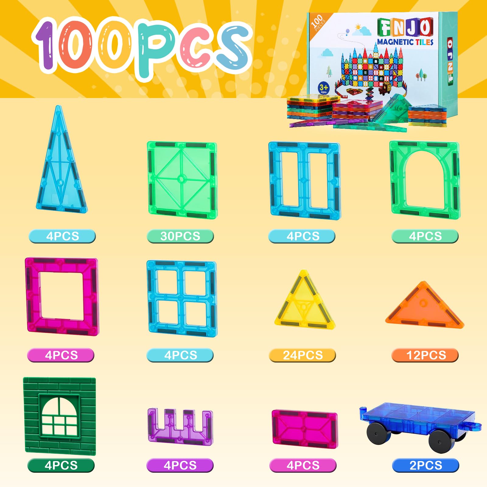 FNJO Magnetic Tiles, 100PCS STEM Building Blocks Toy Set for Kids — Amazon image 4