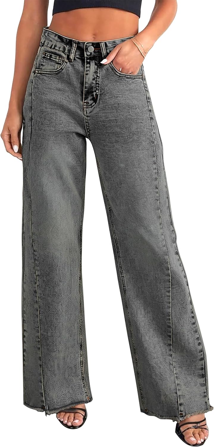 Women's Wide Leg Jeans Baggy High Waist Boyfriends Strechy Raw Hem Denim Pants