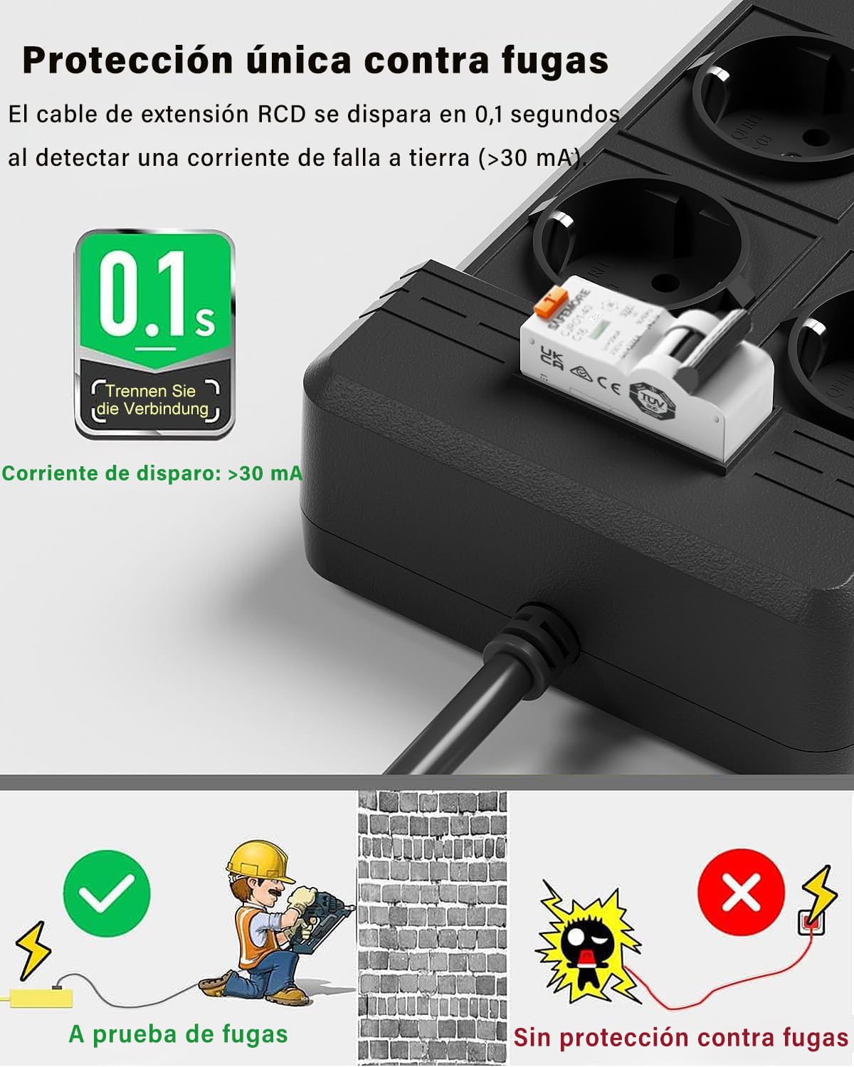 Regleta con 4 Enchufes 16A 4000W, Cable de 3m,Negro