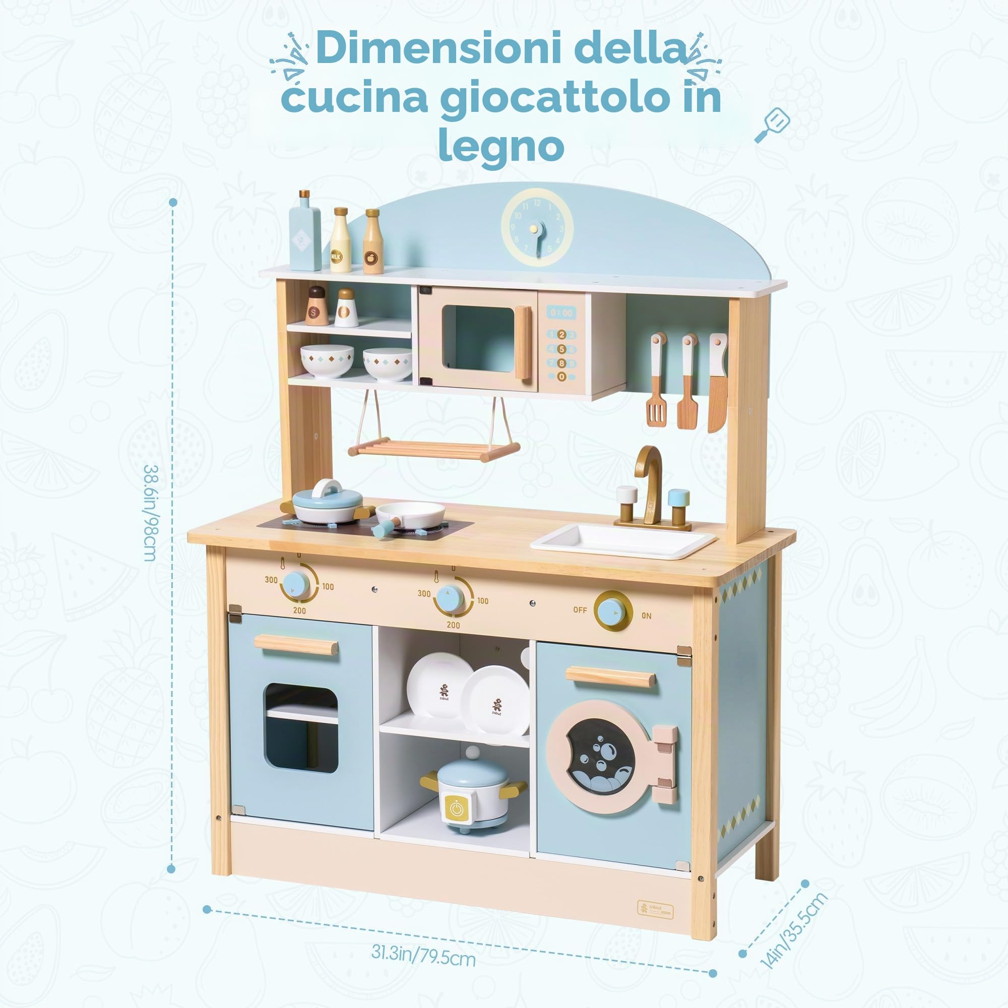 ROBUD Cucine da gioco in legno per bambini e bambini piccoli, accessori da cucina per bambole con forno a microonde, lavatrice, cuoci riso, stoviglie; regali dai 3 anni in su
